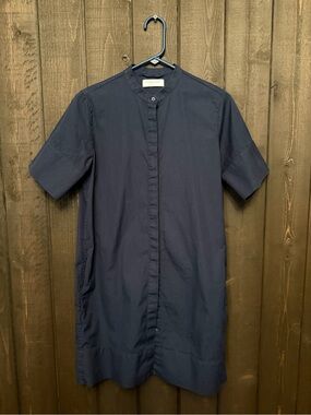 Everlane Collarless Shirt Dress Navy Sz 2 Mini/Midi Preppy Button 100% Cotton